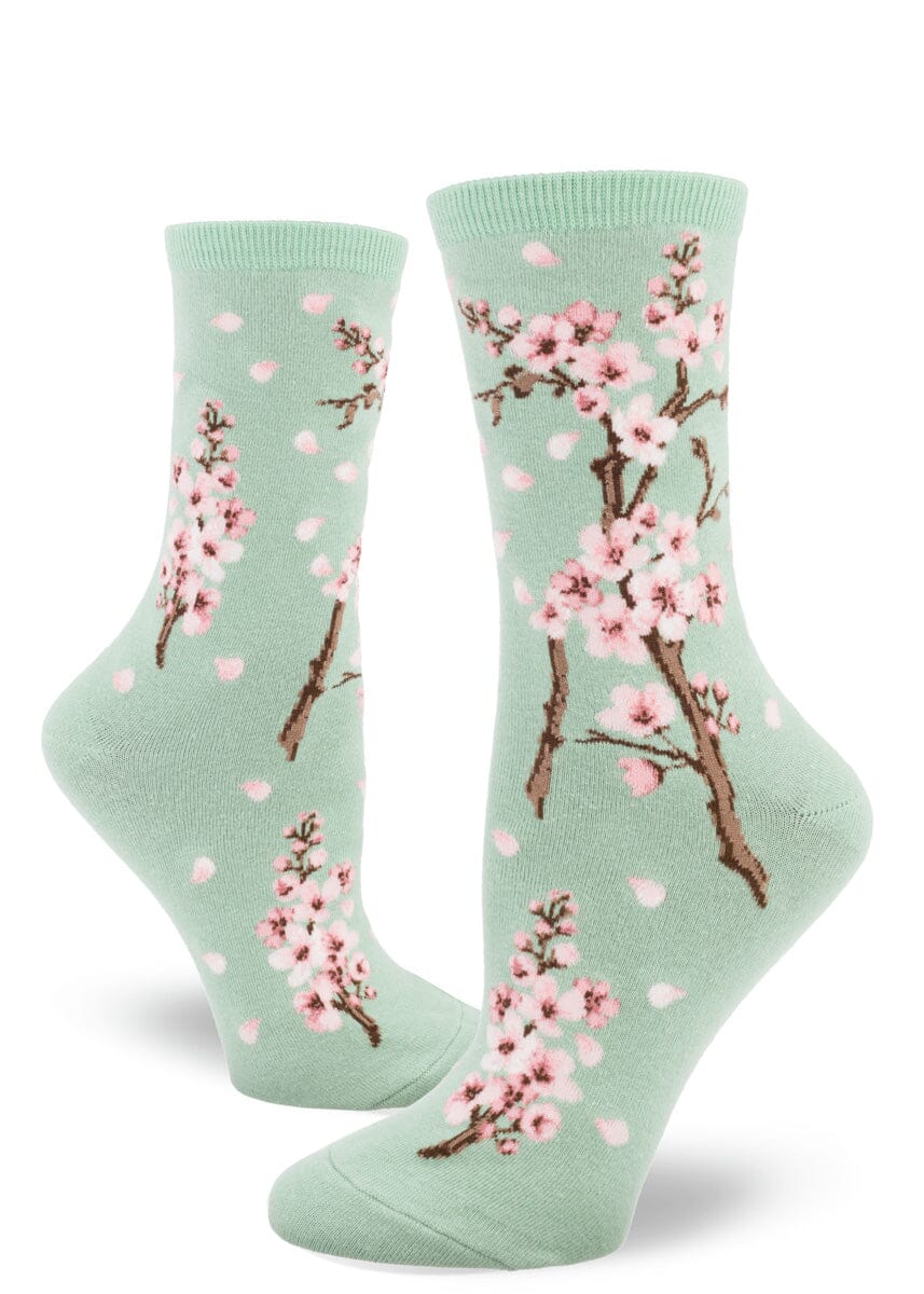 Cherry Blossom Cameo Green Crew Socks | Women's - Knock Your Socks Off