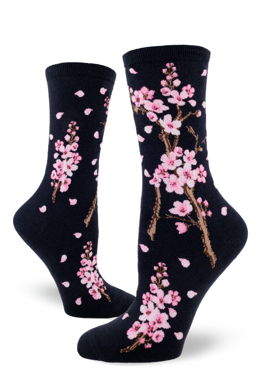 Cherry Blossom Deep Navy Crew Socks | Women's - Knock Your Socks Off