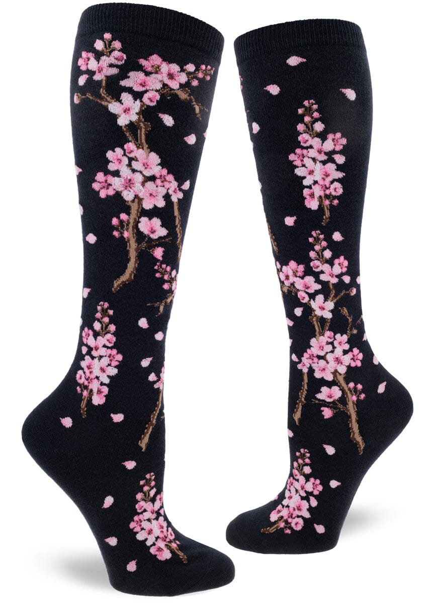 Cherry Blossom Deep Navy Knee High Socks | Women's - Knock Your Socks Off