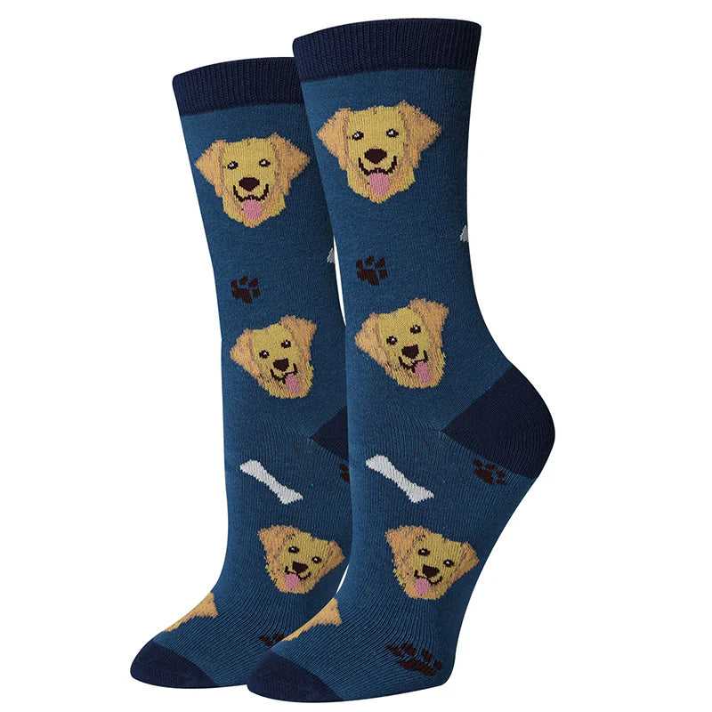 Golden Retriever Blue Crew Socks | Women's - Knock Your Socks Off