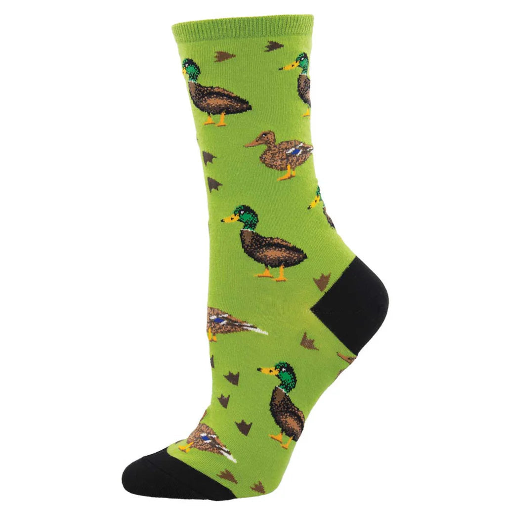 Lucky Ducks Green Crew Socks | Women's - Knock Your Socks Off