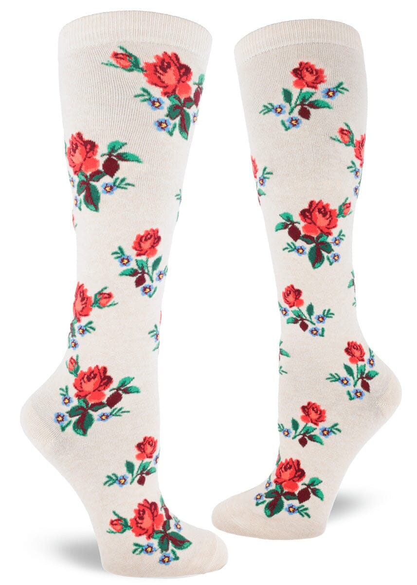 Red Rose Knee High Socks | Women's - Knock Your Socks Off