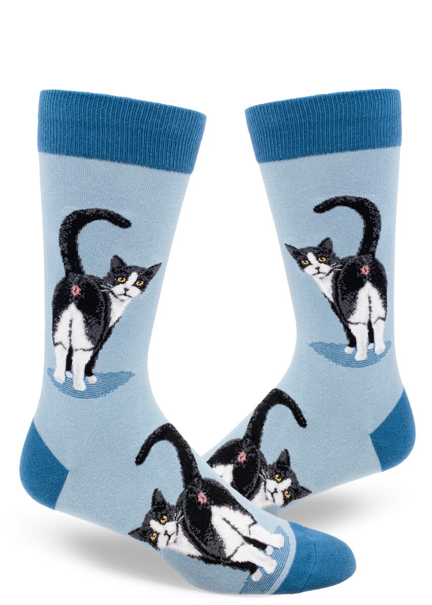 Tuxedo Cat Butt Slate Blue Crew Socks | Men's - Knock Your Socks Off