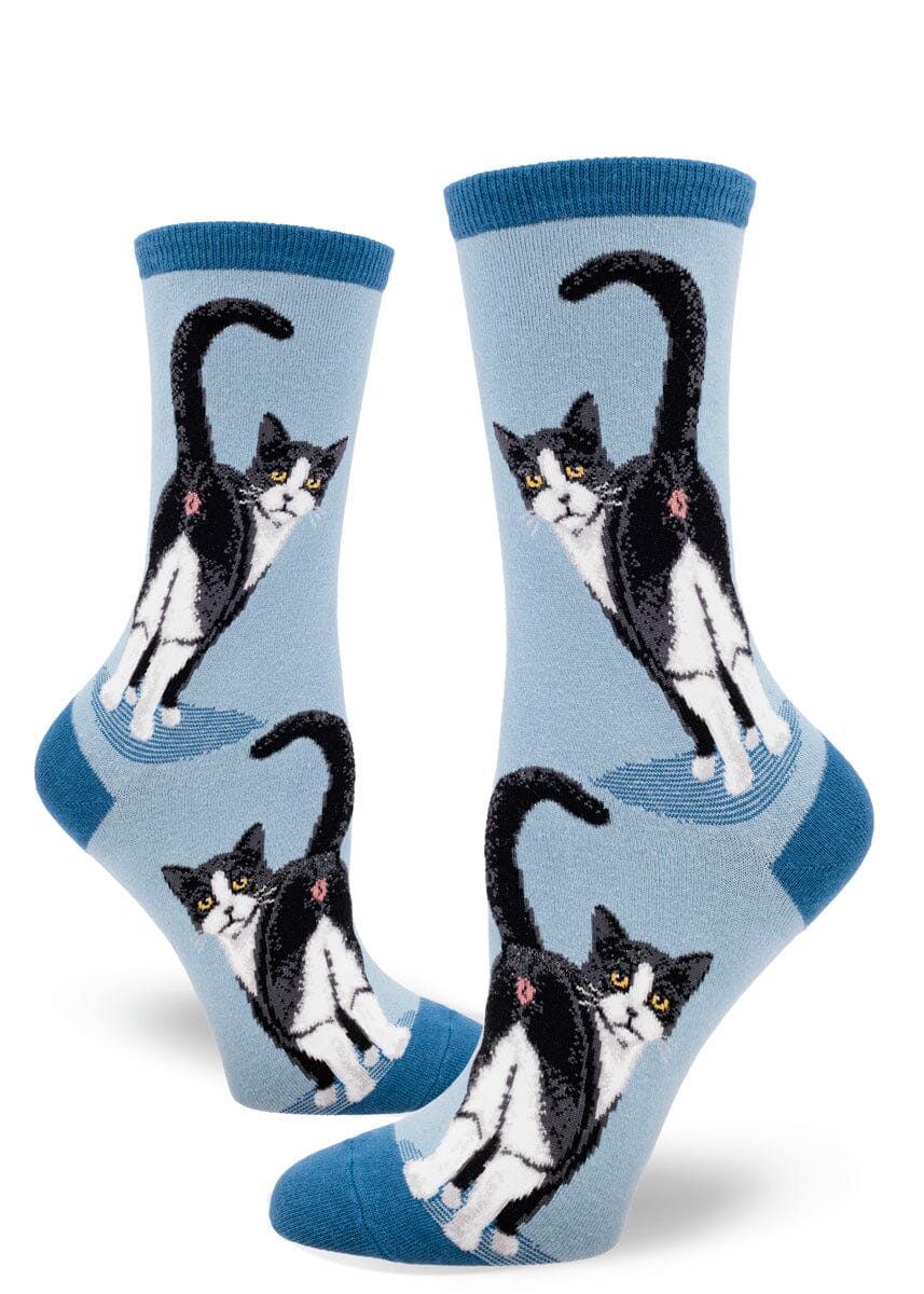 Tuxedo Cat Butt Slate Blue Crew Socks | Women's - Knock Your Socks Off