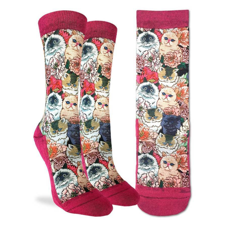 Good Luck Sock - Floral Cats Crew Socks | Women's - Knock Your Socks Off